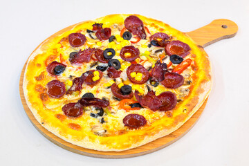 Traditional Turkish cuisine. Pizza, pita, pidesi, sucuk, hummus, kebab. Many dishes on the table. Serving dishes in restaurant. Margherita,  mix, formaggi, veggie karisik pizza. Top view, flat lay