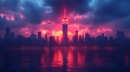 Fototapeta premium Glowing cityscape under vibrant sunset colors with breathtaking iconic skyline wallpaper image