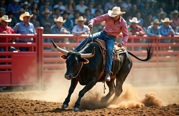 Fearless cowboy rides bucking bull in dusty rodeo arena. Crowd watches thrilling competition. Western style clothing, hat prominent. Action photo shows cowboy skill, bull power. Exciting spectacle,