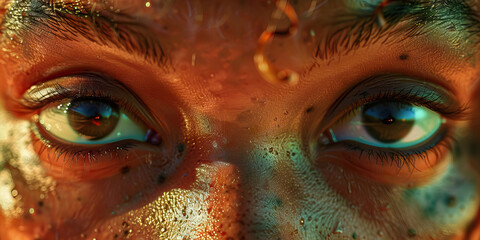 Close-up of Eyes with Gold and Teal Glitter Makeup