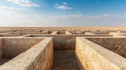 A desolate landscape with labyrinthine walls. Concept image symbolizing obstacle.