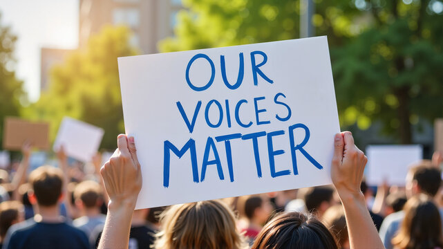 Demonstrator holding sign "Our Voices Matter" at social justice protest in city