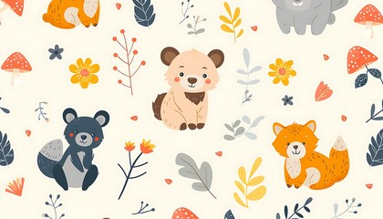 An adorable pattern featuring cute animals like bears and foxes surrounded by mushrooms and flowers. The soft cream background adds warmth.