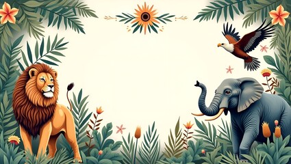 Wildlife Day card design featuring a lion, elephant, and eagle in a colorful botanical frame copy space