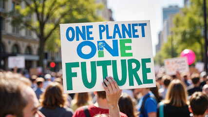 Protestor holding sign "One Planet One Future" at environmental rally in city