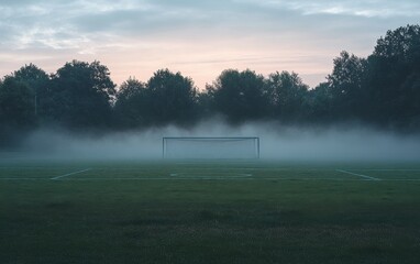Misty Morning Football Field: A Solitary Goal in the Fog