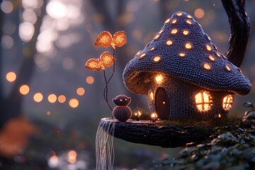 Enchanting Mushroom Fairy House in Forest Fantasy Cottage Night Lights