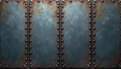 Old metal sheet with rivets. Rusty, weathered steel plate. Heavy industrial panel. Vintage material with rough texture. Protection, reinforcement elements visible on surface. Design damaged,