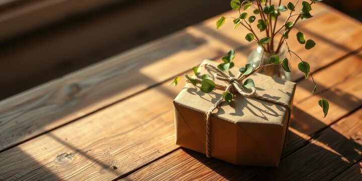 A thoughtfully wrapped gift sits on a rustic wooden surface bathed in sunlight, adorned with fresh greenery, conveying a sense of calm and simple elegance.