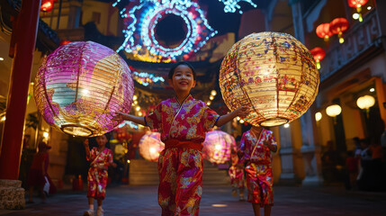 Children celebrate with colorful lanterns during a festival, creating a joyful atmosphere.