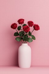 Fototapeta premium Valentine's Day Romantic Red Roses in Elegant White Vase Pink Background