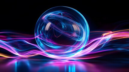 Obraz premium Dynamic light trails intersecting a transparent sphere studio digital artwork dark background abstract concept