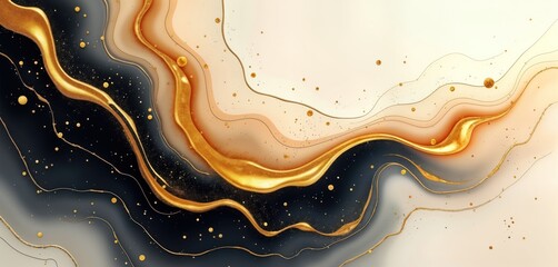Abstract liquid design with gold, black swirls on ivory background. Fluid paint patterns create dynamic, expressive visual. Modern design ideal for packaging backgrounds. Visually stunning abstract