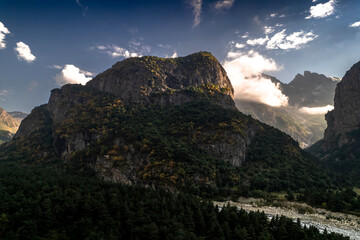 Beautiful aerial view of a mountain range with high cliffs. Landscape and nature of the North Caucasus