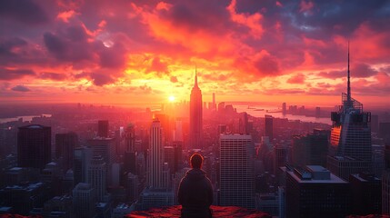Sunset cityscape glowing vibrantly with stunning colors and iconic skyline image