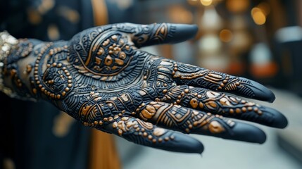 Fototapeta premium Intricate Henna Body Art Detailed View of Woman s Hand Decorated with Traditional Indian Design