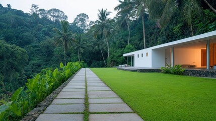 Serene Modern Home Surrounded by Lush Greenery and Palm Trees in Nature