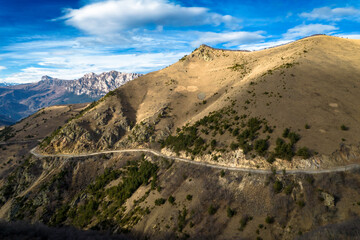 Beautiful aerial view of a mountain range with high cliffs. Landscape and nature of the North Caucasus