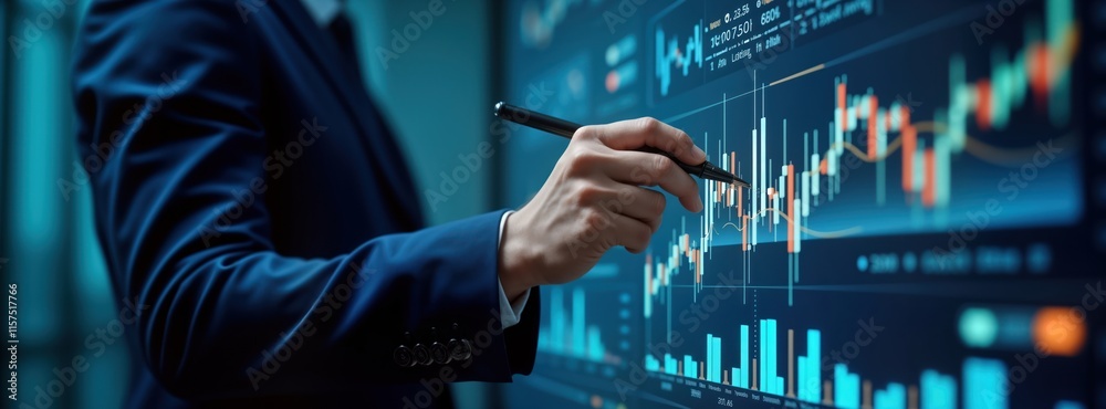 Leinwandbilder businessman analyses financial data on large screen. points at growth graph with pen. business plann