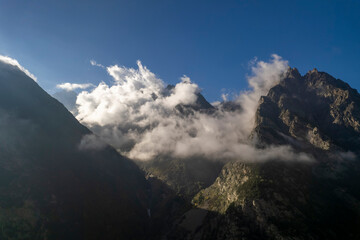 Mountains in the clouds. Low clouds in the North Caucasus mountains