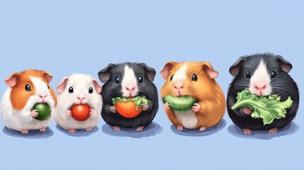 Fototapeta premium Five Adorable Guinea Pigs Enjoying a Veggie Feast