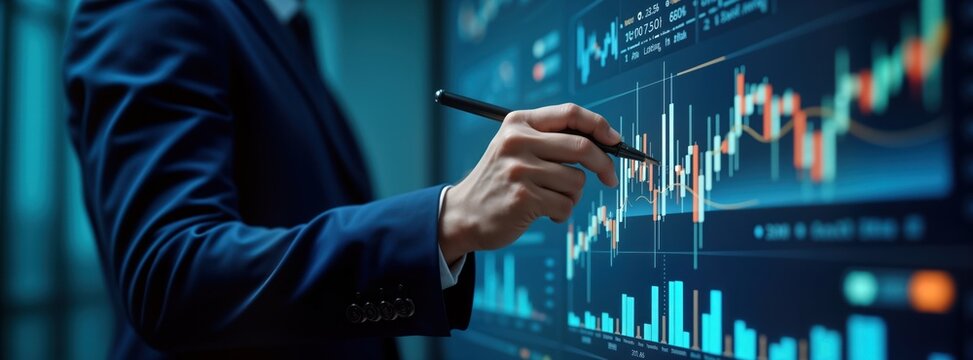 Businessman analyses financial data on large screen. Points at growth graph with pen. Business planning, investment strategy visible. Modern digital accounting shown. Data driven decision making for