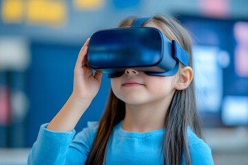 Young girl immersed in virtual reality headset for future education experience