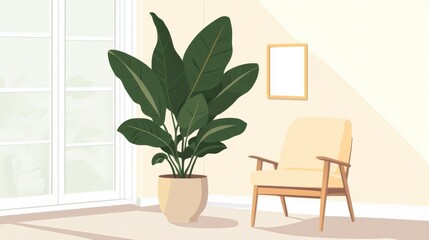 Fototapeta premium Calm Living Room with Plant and Chair, Minimalist Interior Design