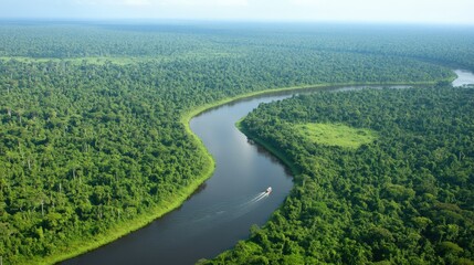 Serene Aerial View of Lush Green Forest Surrounding Meandering River