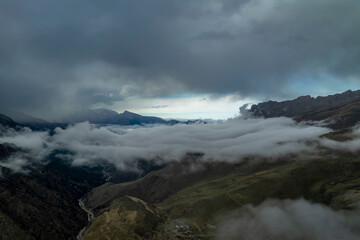 Mountains in the clouds. Low clouds in the North Caucasus mountains