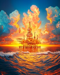 refinery oil extraction logistics, Vibrant Oil Rig at Sunset Over Calm Ocean Waves