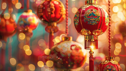 Fototapeta premium Chinese New Year decorations, traditional festive theme, vibrant colors, rich red and gold details, detailed cultural elements, high-resolution illustration