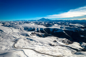 Beautiful aerial view of the mountainous area. Landscape and nature of the North Caucasus