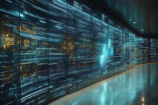 Futuristic data center corridor with glowing digital displays. - Powered by Adobe