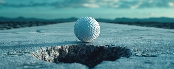A golf ball poised on the edge of a hole on a dramatic course.