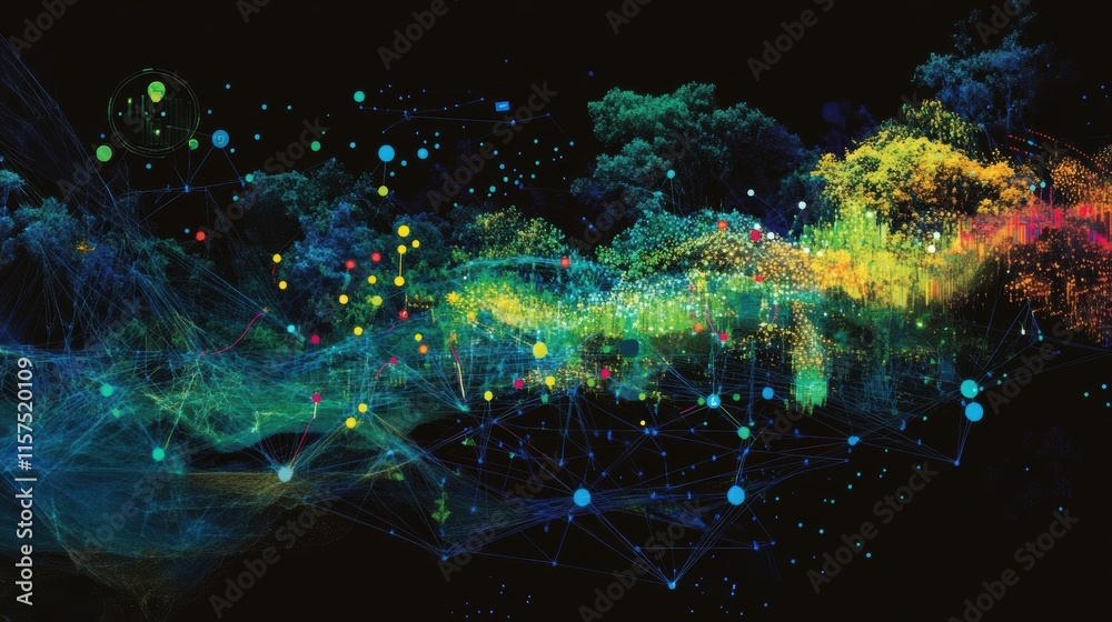 Aufkleber a vibrant digital interface displaying a network of interconnected data points representing environm