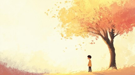 Pensive Boy Contemplating Autumn Tree, Fall Landscape