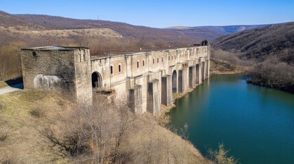 Abandoned Industrial Structure Surrounded by Calm Water and Nature Landscape