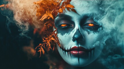 Eerie Halloween Portrait: Glowing Eyes and Spooky Makeup