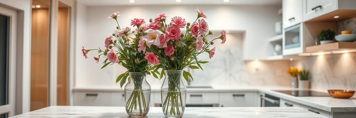 Elegant kitchen interior featuring two glass vases filled with beautiful pink roses and varied flowers, showcasing modern design and serene atmosphere in a bright, stylish home setting