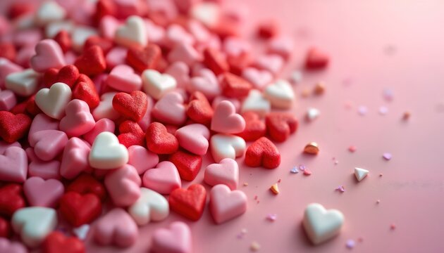 Pile of small heart-shaped candies in various shades of red, pink. Background light pink with scattered decorations. Sweet, romantic Valentine Day theme. Perfect for photo cards creative designs. - Powered by Adobe