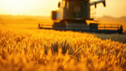 Fototapeta premium Golden Hour Harvest A Combine Harvester in a Field of Ripe Grain at Sunset