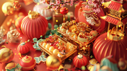 Fototapeta premium Chinese New Year festival, traditional festive theme, vibrant colors, rich red and gold details, detailed cultural elements, high-resolution illustration