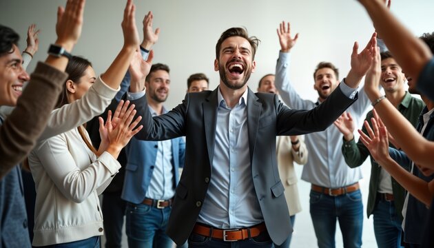 Diverse group of young employees celebrates success in office. Enthusiastic people raise hands for high fives expressing joy, excitement. Teamwork, positive vibes fill modern workplace atmosphere.