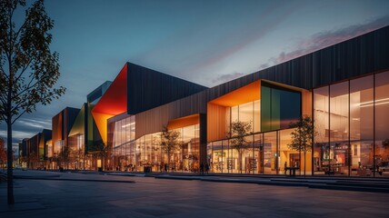 Obraz premium Vibrant modern architecture illuminated at dusk showcasing innovation.