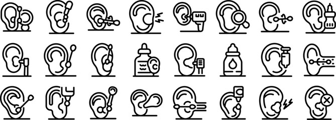 Ear canal cleaning icons set. Essential icons representing various ear treatments and care, including cleaning, piercing, medication, and medical interventions
