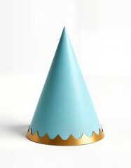 Fototapeta premium Pastel blue party hat with golden trim sits on plain white background. Simple cone shaped accessory for celebrations. Suitable for parties birthdays anniversaries festive events. Versatile decorative
