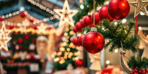 Festive Christmas Market Scene with Bright Red Ornaments, Sparkling Lights, and Decorative Stars Creating a Magical Holiday Atmosphere for Celebrations