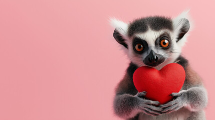 Obraz premium A cute lemur with red and white wings holding a red heart , set against a soft pink background flat surface. The design features ample blank space, making it perfect for a Valentine’s Day gift card