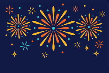 Fireworks Display Over Cityscape at Night Vector, A vibrant image depicting fireworks exploding in the night sky above a stylized cityscape. The fireworks are rendered in shades of orange, yellow